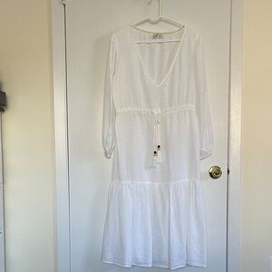 Joie White V-Neck Lightweight Linen Top with Lime Trim